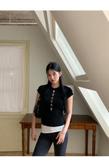 Hollow slit slim ribbed short sleeve tee