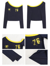 アンバランスオフショルダーブロックコアロングスリーブTシャツ