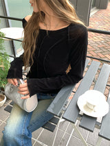 Back see-through lace long-sleeved T-shirt