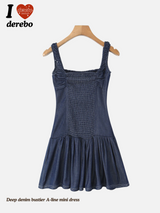 Deep denim bustier A-line mini dress