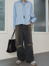 Cross Damage Banding Denim Pants