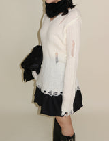 ラバーVネックダメージカットポイント長袖ニット (wool material)