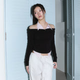 シャツ レイヤード オフショルダー トップ - ブラウン
