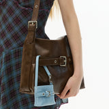 [SET] Medium Buckle Hobo Shoulder Cross Bag _ Brown