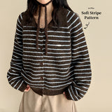 Metal logo big collar stripe knit cardigan