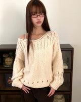 Renu Punching Round Neck Loose Fit Long Sleeve Long Knit