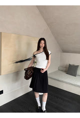 White line ribbed unbalanced off-shoulder top