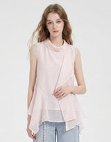 Lune High Neck Unbalance Drape Layered Sleeveless Blouse Pink