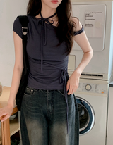 リボンストラップオフショルダーショートスリーブTシャツ (5color)
