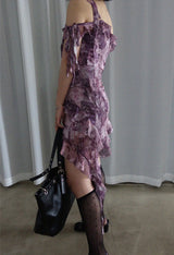 VINTAGE GRUNGE CHIFFON TAIL MINI DRESS WITH TIE SCARF SET