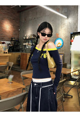 アンバランスオフショルダーブロックコアロングスリーブTシャツ
