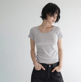 [Veroti] Uネック ショートスリーブ Tシャツ - 4カラー