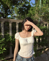 Square Neck Puff BL - flower jacquard