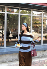 wool mohair stripe off-shoulder long-sleeved knitwear