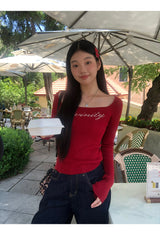 ビーズスカーフリブ長袖ニットTシャツ