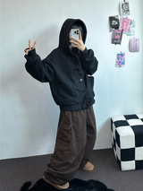 FLEECE/STRING TWO CARGO RIVET WIDE BALLOON LONG PANTS💚🤎🖤🩶4COLOR