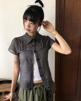 ノエルシアーサッカーVネックチェック半袖Tシャツ
