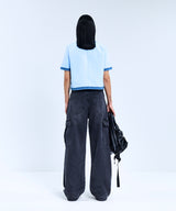 85-VIVAJ053 Color Shaped Crop Tweed Half Jacket Blue