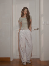 Meow Summer draping shrring Boat neck Top