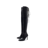 Back Lace-Up Thigh High Boots Heel(Black)