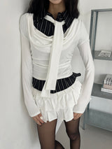 Tie shirring spandex drape long sleeve t-shirt (3 colors)