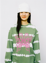 バタフライストライプ長袖Tシャツ - グリーン/ホワイト