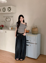 Border Ribbon Off Shoulder Short Sleeve T-Shirt (2color)