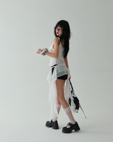 unbalanced see-through frill layered belt skirt