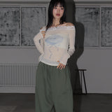 シェブローズレースオフショルダーロングスリーブTシャツ