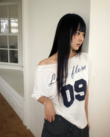 Lune ボートネック オフショルダー プリント半袖 Tシャツ