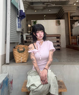 オフショルダーツイスト半袖Tシャツ Pink