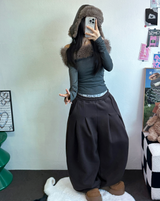 M,XL🤎2SIZE🤎 DOUBLE PINTUCK WIDE LONG BALLOON PANTS ❤🤎🖤🩶4COLOR