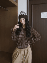 wool cotton shirring checkered long-sleeved shirt