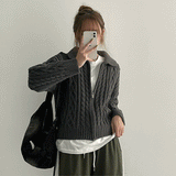 OG thick cropped cable knitwear collar cardigan