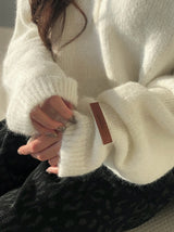Nancy Henley Neck Button Round Patch Wool Knit