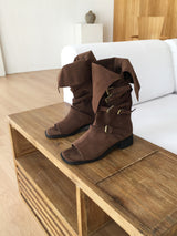 Open toe suede buckle boots