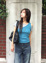 [SET] Resin Unbalanced Sleeveless One Shoulder Button Short Sleeve T-shirt