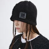 DENIM PATCHED KNIT BEANIE - BLACK