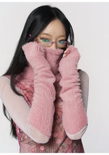 CONFUN's "pink vortex beacon"プリントウールパッチワークハイネックメッシュトップス