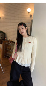 Twisted frill knit long-sleeved cardigan