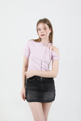 Off Shoulder Twist Half-Sleeve T-shirt Pink