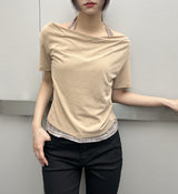 Check Halter Off-Shoulder Semi-Cropped T-Shirt 3color