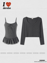 Dot frill choker Charcoal Cardigan Set