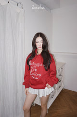 ルーズビーデッドレタリングロングスリーブフーデッドTシャツ