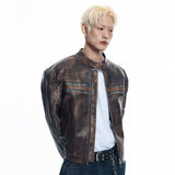 Washed Line Leather Jacket - BROWN