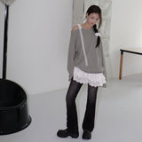 Hato Lace Ribbon Integrated Frill One-Shoulder Knitwear