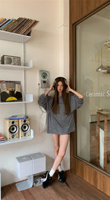 Boxy loose fit unbalanced shoulder long-sleeve T-shirt