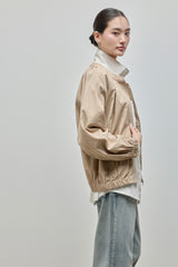 Shirring Zip-up Blouse Jumper_Beige