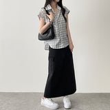 Retro Mood Sleeve Roll-Up Checkered Shirt Blouse
