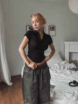 Rie rounding collar short-sleeved T-shirt
